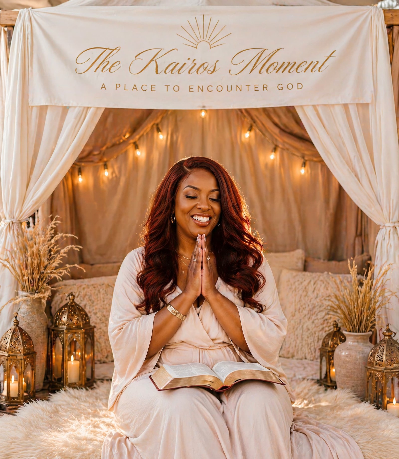 Latrelle Stenson, Founder and CEO of The Kairos Moment, seated in prayer with an open Bible inside her Sacred Space